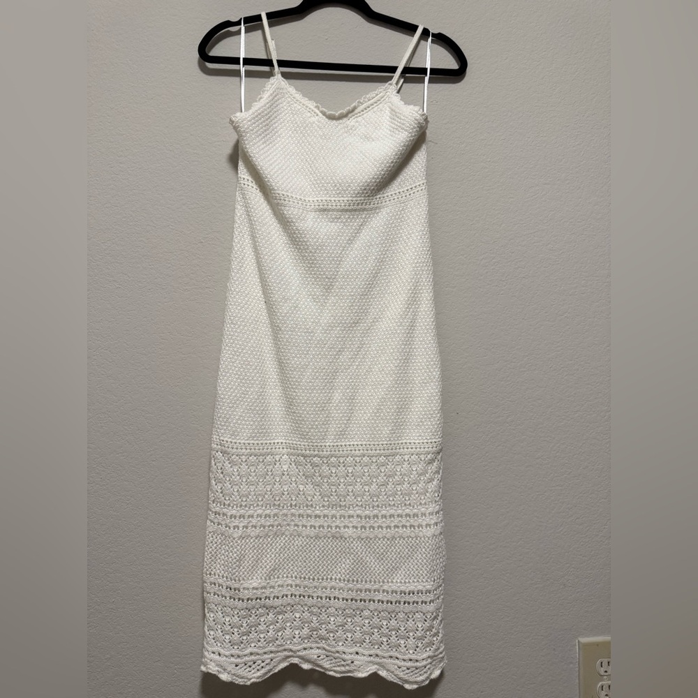 Strapless White Crochet Midi Dress